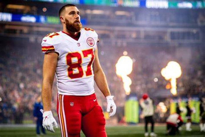 Travis Kelce #87 of the Kansas City Chiefs and AFC is interviewed on a sideline during the 2022 NFL Pro Bowl against the NFC at Allegiant Stadium o...